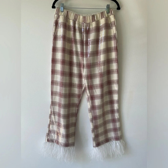 Eva Franco Wide Leg Pants plaid High-Rise Sequin Feather Pockets Elastic Waist S - Picture 1 of 8